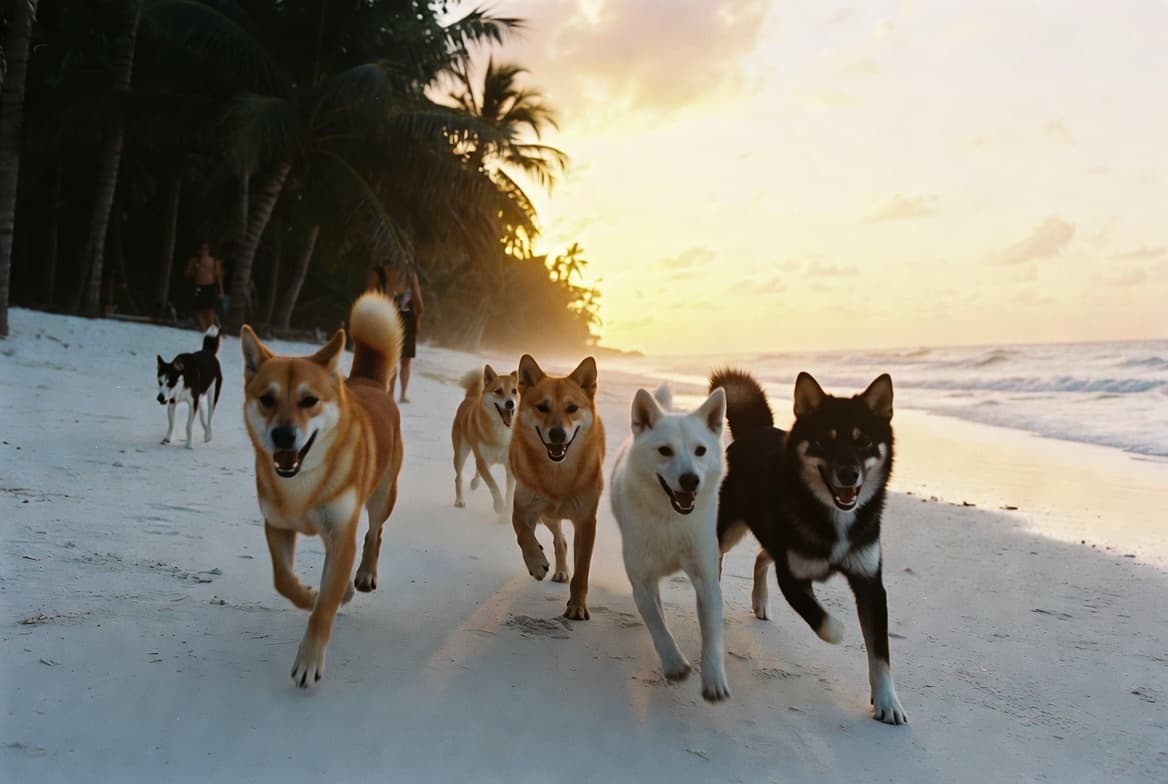 Street dogs running free on a Koh Chang beach at sunset